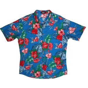 JOGAL Mens Blue Hawaiian Shirt XL Hibiscus Tropical Bold Loud Festival  Vacation